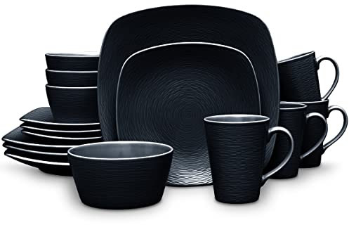 Noritake 43817-16R BOB Swirl 16-teiliges quadratisches Set in schwarz, weißes Porzellan