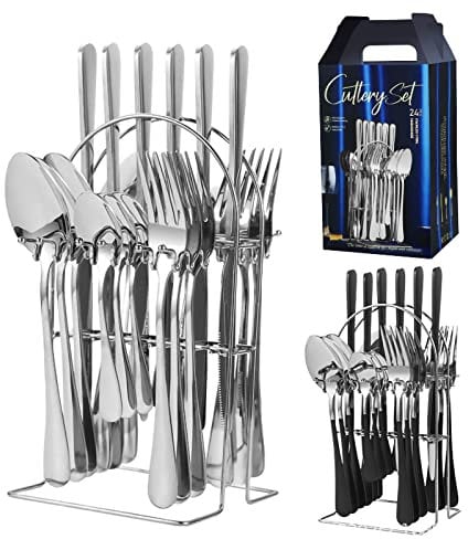 Sempoda 24pcs Silverware Set with Souvenir Box, 1010 Silver, Modern Flatware Set, Eco Friendly, 24 Piece Flatware Set, Mirror Stainless Steel Flatware