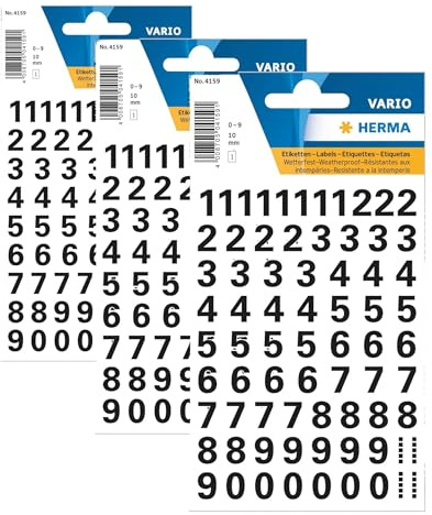 HERMA 4159 Zahlen Aufkleber 0-9, wetterfest (Schriftgröße 10 mm, 1 Blatt, Folie) selbstklebend, permanent haftende Nummern Sticker, 71 Etiketten, transparent/schwarz (Packung mit 3)