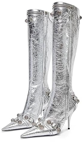 Dsevht Women's Stiletto Black Knee High Boots Sexy Pointed Toe Boot Fashion Trendy High Heel Boots Zipper
