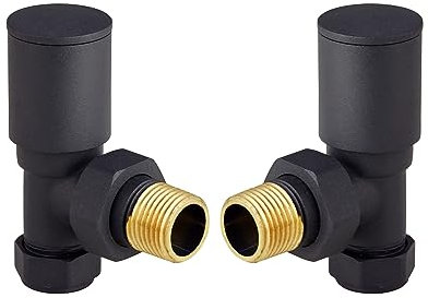 Black Angled Radiator Valves Round Modern Radiator Valves Pair of 15mm x 1/2 Set of 2 for Heated Towel Rails & Central Heating Radiators Black Radiator Valve Set