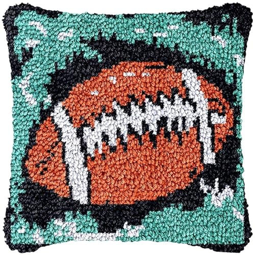 Rugby Football Beginner Latch Hook Kits Pillow Making Sofa Cushion Cover Latch Hook Carpet Rug Acrylic Yarn Preprinted Cancas Pillowcase Craft Kits Needlework for Home Decor 43x 43cm