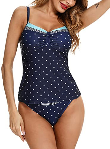 Aottori Femme Maillots de Bain Tankini Top Shorty Rayures 2 Pièces Double up sans Manches Bikini Ensembles Bain Beachwear Swimwear Plage Marine M