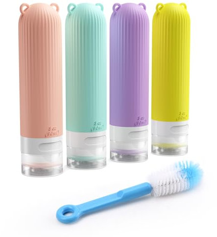 Ankway Set di 4 bottiglie da viaggio in silicone, portatili, a prova di perdite, ricaricabili, comprimibili, per lozioni, shampoo liquidi, sapone e articoli da toeletta (90 ml)