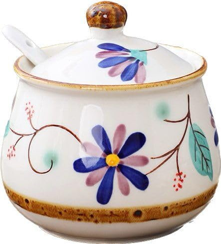 KKGUD Graziosa zuccheriera dipinta a mano, barattolo per condimenti, in ceramica, per decorazione di cucina e ristorante, motivo floreale blu, 320 ml