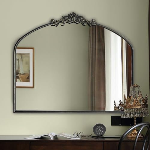 WAMIRRO Verzierter schwarzer Spiegel, Vintage-Stil, gewölbt, barock, antiker Spiegel für Wohnzimmer, Flur, Kamin, Badezimmer, Eingangsbereich, 91,4 x 76,2 cm