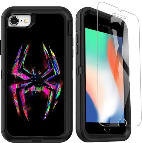 OTTARTAKS Compatible for iPhone SE 2022/2020/3rd/2nd//8/7/6s/6 Case with Screen Protector, Spider Cool Full Body Heavy Duty for Boys Men Black Shockproof 3-Layer Protective Case