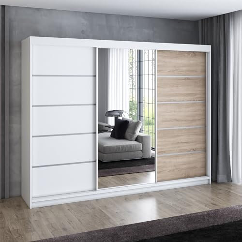 A&J MöbelLand Schwebetürenschrank VILANO 1, 3-türig Schrank 200 cm Kleiderschrank mit 4 Schubladen, und Spiegel (Weiß, Schwarz, Somona) (weiß/weiß/Sonoma)