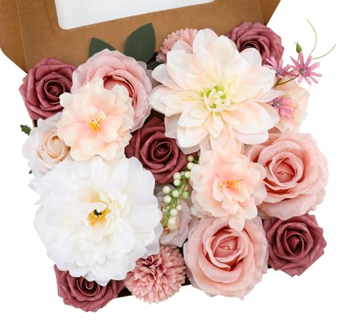 Floweroyal Künstliche Blumen Combo Rosa Blumen Mix Seidenblumen Dahlie Rosen mit Stielen für Hochzeit Brautsträuße, Tischdekoration, Babyparty, Blumenarrangement, Heimdekorationen