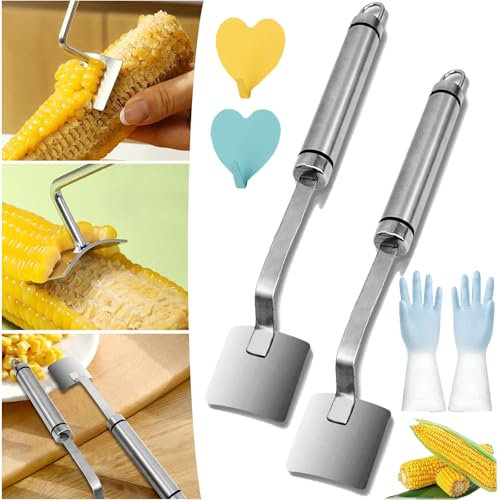 HOPASRISEE 2024 New Long Handle Stainless Steel Corn Stripping Tool, Arhdcomply Corn Stripping Tool, Corn Cob Stripping Tool, 304 Stainless Steel Corn Thresh (2PC-A)