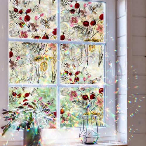 funlife Privacy Rainbow Window Film, Watercolor Static Cling Window Stickers, Non-Adhesive Double-Sided Vinyl Film, Vintage Eden Wildflower 43x100cm