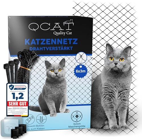 QCAT 7in1 Katzennetz für Balkon [EXTRA DRAHTVERSTÄRKT] | Universell, ohne Bohren, Anpassungsfähig | Balkonnetz, Fensterschutz, Katzengitter, Katzenschutz f. Katzen f. Fenster Balkon (6x3m, Schwarz)