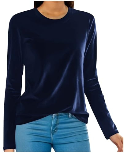 Keepink Womens Long Sleeve Tops Round Neck Vintage Velvet Blouse Solid Color Elegant Velour Pullover Dressy Casual Tunic Shirts Baggy Tees Party Work Office Jumpers Plus Size 10-20