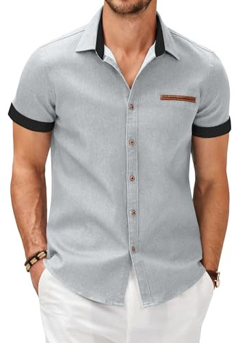 COOFANDY Mens Shirts Short Sleeve Casual Dress Denim Work Shirts Plaid Collar Regular Fit Summer Shirt Cotton Non Iron Shirt Party Light Gray A M