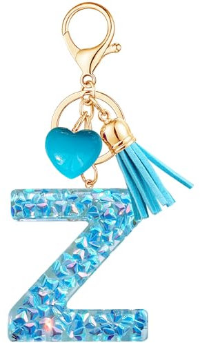 Vorysum Porte-clés Bleu avec lettre porte-clés fille initiale cadeau femmes porte-clés Cœur décorer pour sac Sac à dos porte-clef gland or porte-clef femme-Z