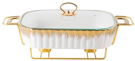 Reldor Ceramic Food Warmer with Gold Wire Stand and Lid for Heat & Moisture Retention, 13 Inch Rectangular Chafing Dish for Buffet, Ideal for Weddings, Parties, Catering Events (White & Gold)