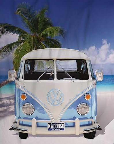 Vera Alvenya VW Kuscheldecke, Polyester Stranddecke Camping Decke Fleecedecke Bus T1 130 x 170 cm, Strand-Motiv, Blau-Weiß