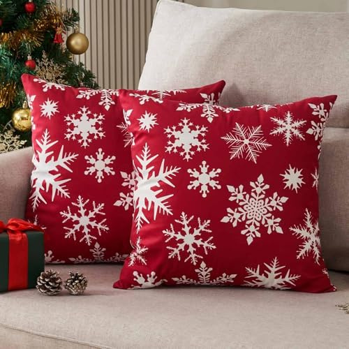 DakTou Weihnachts Kissenbezüge 50x50 2er Set, Kissenbezug Rot Deco, Kissenhülle Weihnachten Samt, Sofakissen Xmas Dekorative Schneeflocken Muster, Weihnachtskissenbezüge Für Sofa Couch Sessel
