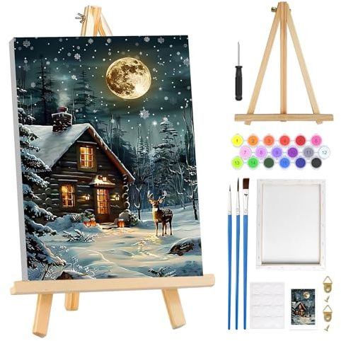 MOGTAA Noël Hiver Peinture Numero Enfant Adulte avec Cadre, Cerf Peinture par Numero Adulte avec Chevalet, DIY Numéro d'Art Kits, Loisirs Créatifs Adultes, pour décoration, 20x30cm