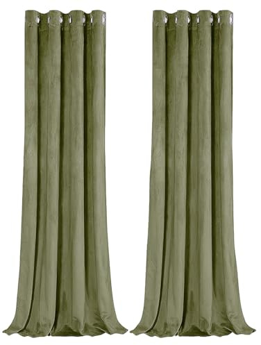 Happy Homewares Olive Green Velvet Blackout Curtains - 46 x 63 Inch Drop - Elegant Eyelet Curtains with Soft Velvet Texture - 2 Panels for Bedroom or Living Room