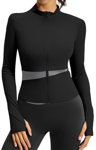 ATRACTIVOLL Damen Laufjacke Sportjacke Hoher Kragen Langarm Gym Tops Enge Leichtes Atmungsaktive mit durchgehendem Reißverschluss Daumenlöchern Fitness Sportjacke Laufen Training Yoga Workout