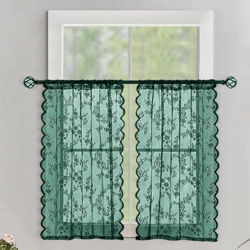 Treer 2er Set Scheibengardine Küchen Voile Bistrogardine, Halbtransparent Spitze Kurzstore Gardinen Küchengardinen für Kleine Fenster, Wohnzimmer, Schlafzimmer, Badezimmer (grün,75x100cm)