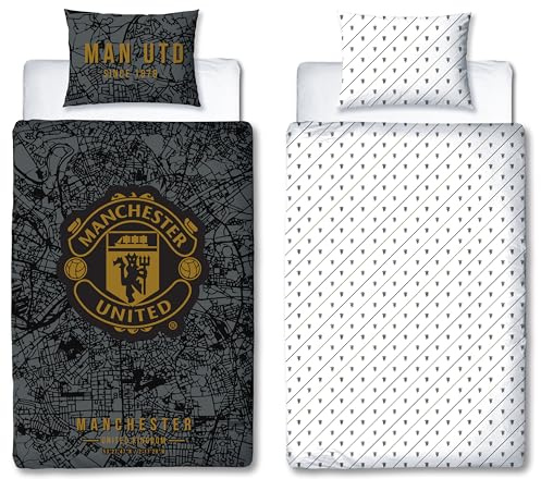 Offiziell Lizenziertes Einzelbett-Bettwäscheset von Manchester United FC, Kartendesign | Schwarz-graues, beidseitig verwendbares Fußball-Bettwäscheset inklusive passendem Kissenbezug