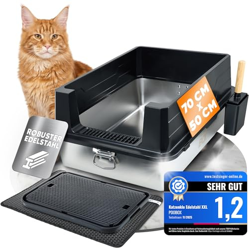 POOBOX® Katzenklo Edelstahl XXL, 70x50, schwarz für große Katzen, Zubehör | auslaufsicher, Maine Coon, geruchsarm, Schaufel, Matte und Stufe, einfache Reinigung, hygienisch, Mehrkatzenhaushalt