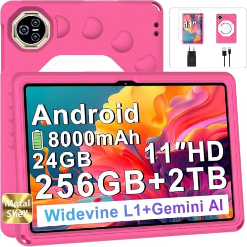 2026 Tablet Android 15 Con EVA Silicone Custodia Protettiva, 24GB+256GB/2TB, Bambini tablet 11 Pollici Octa-Core, Gemini AI/Widevine L1, 8000 mAh, 13MP+5MP, Corpo Metallo, Tableta Grande-Pallido Rosa