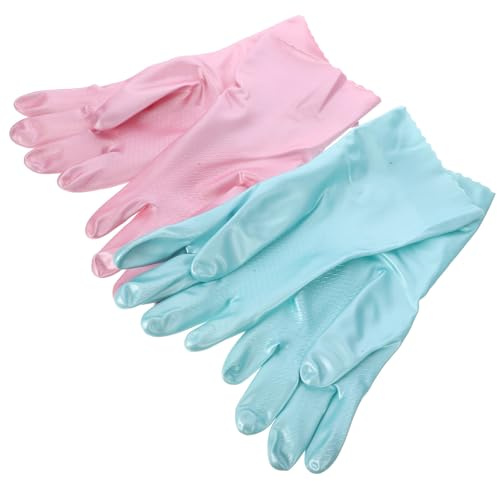 Garneck 2 Pairs Waterproof Thicken Rubber Dishwashing Gloves Medium Size Kitchen Cleaning Gloves Flocking Reusable for Dishes and Laundry Blue and Pink