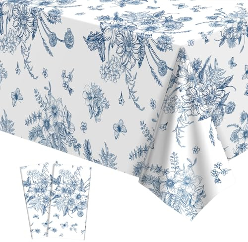 2 Pack Blue Floral Plastic Tablecloths, 137 X 274cm Tea Party Tablecloth | Disposable Vintage Table Cloths Blue and White Porcelain Tables Decor for Birthday Garden Wedding Tea Party Supplies