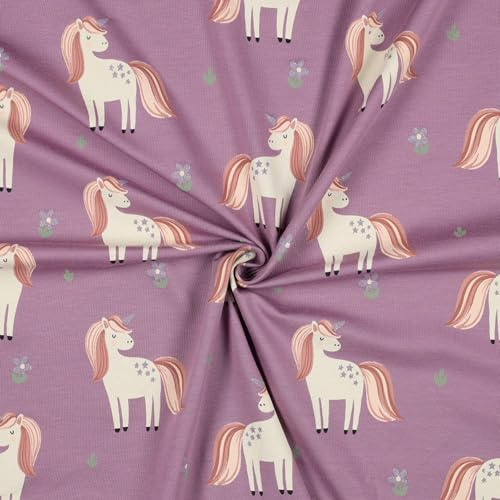Baumwolljersey GLITTER UNICORNS – in Weiß, Grape & Blue – Glitzer Einhorn Stoff – elastischer Jersey – Meterware ab 50 cm – für Kleidung, Kinder, DIY & Nähen (grape)