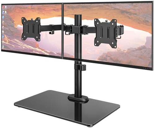 monTEK Freistehender Dual-Monitorständer mit schlankem Glasboden für 17-32-Zoll-Bildschirme, robuste Dual-Monitorhalterung, hält 10 kg pro Arm, voll beweglich höhenverstellbar, VESA 75/100 mm