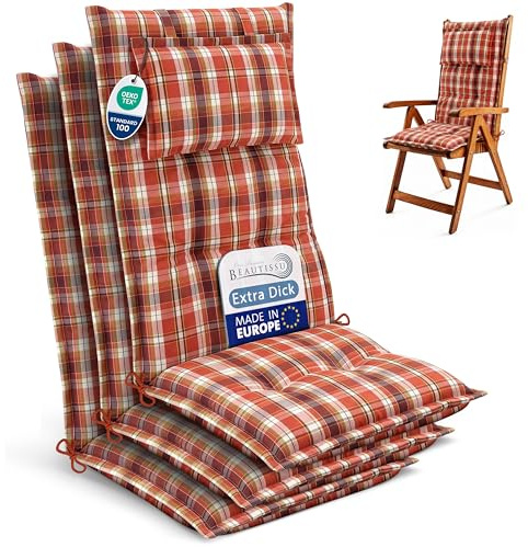 Beautissu 3er Set Gartenstuhlauflagen Hochlehner Sitzpolster robuster Stoff | 120x50cm 7cm Polster Orange Rot Grün Kariert UV-Lichtecht Sitzauflagen Gartenmöbel Gartenstuhl Auflagen Garten HighLux HL