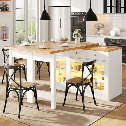 SURUEO Extendable Kitchen Island with LED Lights, 120-200cm Adjustable Dining Table with Storage, 3 Drawers & Glass Cabinets, Freestanding Kitchen Unit for Dining Room (White)