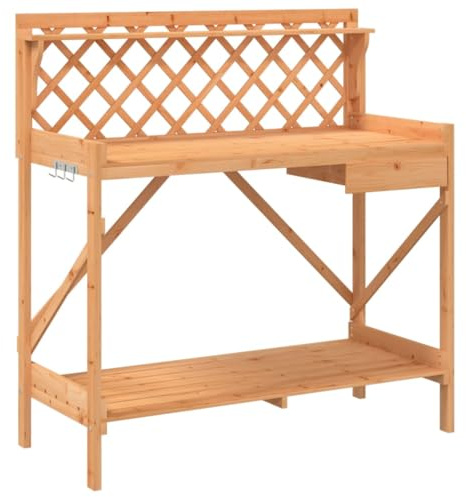 Plant Table with Trellis, Brown, Solid Fir Wood, 110 x 50 x 117 cm, Garden Table with Drawer and Metal Hooks for Patio, Balcony, Indoor, Outdoor, for Plant Presentation and Storage
