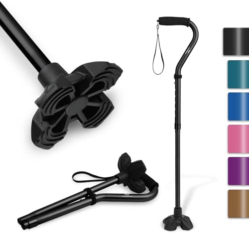 KINGGEAR F1 Walking Stick, Walking Cane for Women & Men, Self Standing Walkers for Seniors with Wrist Strap, Lightweight & Sturdy Offset EVA Handle and Large Quad Base