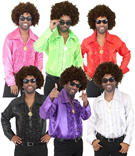 Disco-Kostüm für Herren im 70er-Jahre-Stil, braune Afro-Perücke, Disco-Hemd, goldfarbenes Medaillon und Sonnenbrille, Pink | XXL
