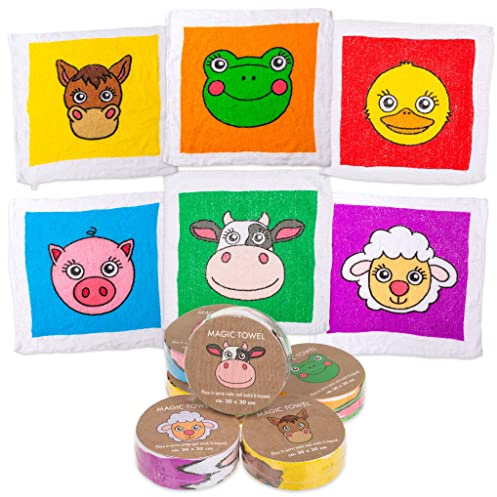 MIK funshopping Magisches Handtuch Waschlappen Sets - Mitgebsel, Kindergeschenk, Tombola (6er Set Farmtiere)