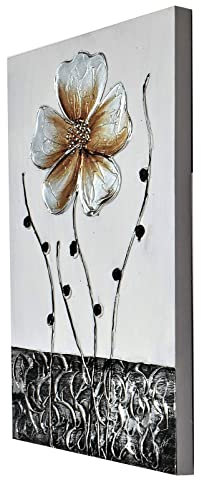 Tableau Décoration Murale – Fleur coquelicot Ton Argent -Tableaux Décoratif Moderne- Peinture sur Toile à la Main 40x60cm Cadeau Original pour Homme ou Femme Cadeaux Anniversaire Noel fêtes des mères