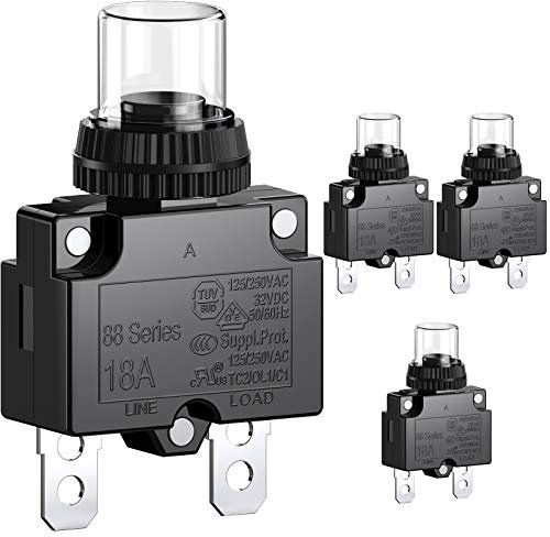 CLDIY 18-A-Leistungsschalter mit thermischem Überlastungsschutz 88 Series Manual Push Button Reset mit Schnellanschlussklemmen und wasserdichter Tastenkappe 32VDC oder 125 / 250VAC 4PCS