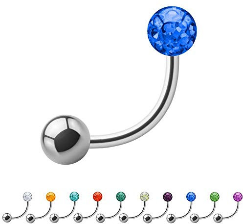 Treuheld® | 1.6mm x 20mm Piercing Banane Silber | 6mm Kristall Kugel + 6mm Stahl Piercingkugel | Dunkel-Blau | Chirurgenstahl | Nabel, Intim