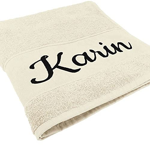 Deitert Handtuch mit Namen oder Wunschtext Bestickt, personalisiertes Duschtuch, individuelles Badetuch, 100% Baumwolle, 140 x 70 cm Natur