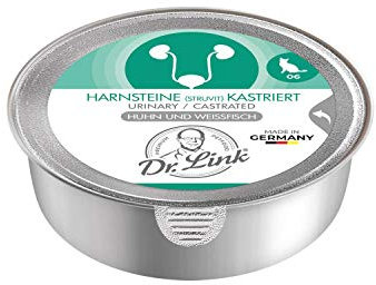 Dr. Link Spezial-Diät Katzenfutter, für kastrierte Katzen & Kater, Huhn & Weißfisch – Unterstützung der Harnwege, Diätfutter mit pH-Wert-Regulierung, Omega-3-Fettsäuren, Glutenfrei - 12x 85g Schale