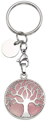 GEHECRST Lebensbaum Schlüsselanhänger Natürlich Edelstein Anhänger Chakra Heilsteine Glückbringer Schlüsselbund Keychain Energietherapie Healing Dekoration (Rosenquarz)