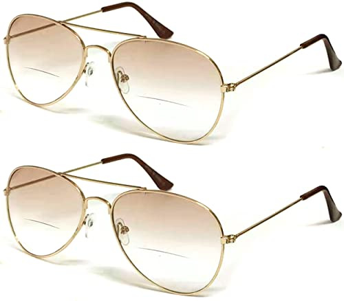 ZIZO EYEWEAR Pilot Shape Double Bridge Small Frame Sun-Reader Tint Bifocal Lens R293B (2 Pairs Gold/Brown Grad Lens, 3.50 Magnification)