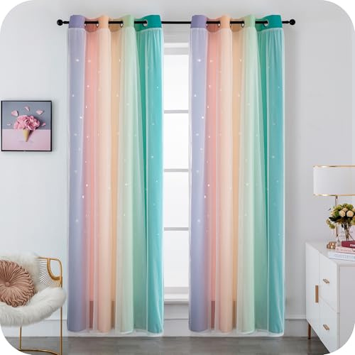 1 Paar Vorhänge mit doppeltem Schleier, weich, Muster, leere Sterne, isolierender Vorhang für Schlafzimmer und Kinderzimmer, 2 Paneele mit Ösen (140 x 235 cm, Regenbogenfarben)