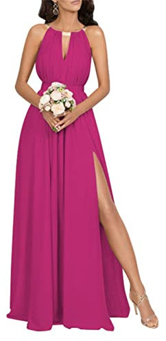 KURFACE Abito da damigella d'onore da donna con spalle scoperte e scollo all'americana plissettato abito da sera formale con spacco, Fucsia, 42