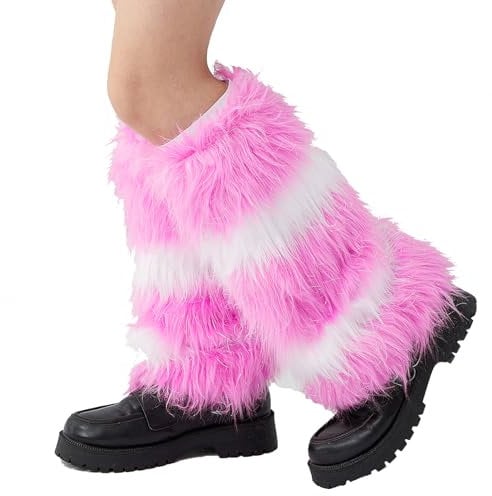 YILEEGOO Womens Faux Fur Fuzzy Leg Warmers Warm Fuzzy Rainbow Boot Sleeves Boot Covers Cuff Fluffy Rave Music (A Pink White, One Size)