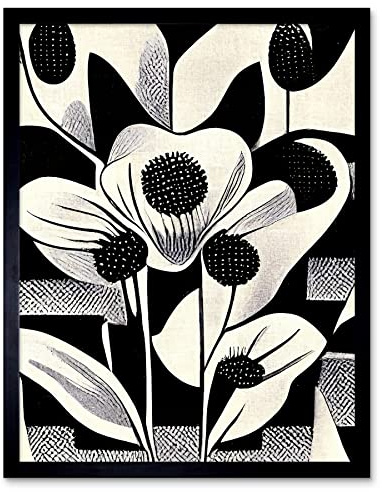 Wee Blue Coo Monochrome Black White Abstract Retro Flower Pattern Art Print Framed Poster Wall Decor 12x16 inch